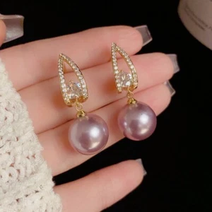 Fashion 14k Zircon Water Drop Purple Pearl Stud Earrings - Picture 1 of 12