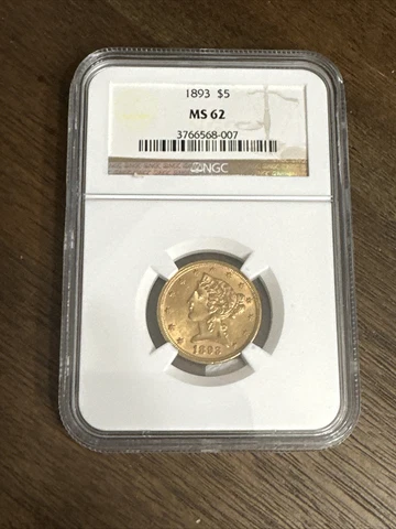 1893 Gold $5 Liberty Gold Half Eagle NGC MS-62, MS62 Cover