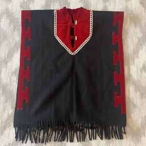 VTG 70s Handmade Mexican Wool Tunic Poncho Velvet Collar Fringed Folk Art Sz S/M - Picture 1 of 13