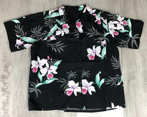 Vintage Hawaiian Shirt 80s Black Floral Print Magnum PI Shirt Womens Size L-XL - Picture 1 of 12