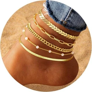 14k Gold Plated Waterproof Cuban Pearl Snake Women Chain Anklets Set Adjustable - Picture 1 of 6