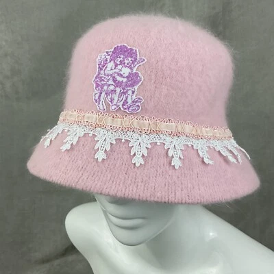 Vintage cherubs soft pink angora fur womens bucket hat OOAK hand embellished - Image 1 of 4