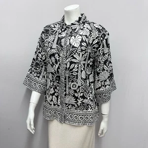 Johnny Was Workshop 100% Leinen Top Shirt Schwarz & Khaki Palmen Sonnengesichter M - Bild 1 von 5