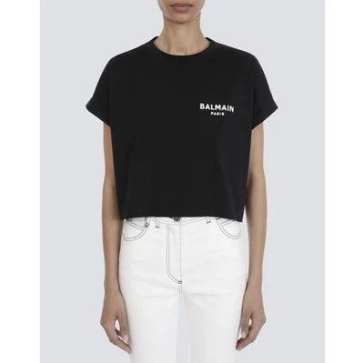 Balmain Cropped Eco-Designed Cotton T-Shirt Tee Flocked Logo Black XL NWT - image 1 of 4