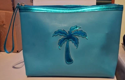 全新 蓝色 Ulta 美容包 带棕榈树设计 大号拉链化妆包 带肩带 — 第 1/4 张图片
