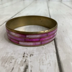 Brass Shell Bangle Pink Triple Inlay Bracelet Made India Vintage - Picture 1 of 6