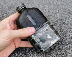 Antique Hip Flask Blown Glass Leather Bound Engraved Cup, 1910s Era Collectable - Picture 1 of 13
