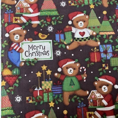 Christmas Fabric Lot 2 Yards 42 Wide Cotton Teddy Bears Brown MultiColor Country - Image 1 of 4
