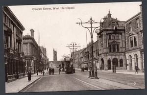 Postkarte West Hartlepool County Durham Straßenbahn Kirche Straße frühe Ansicht - Bild 1 von 2