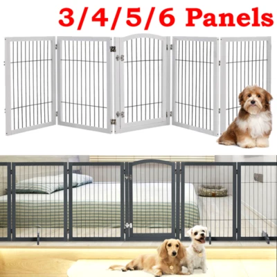 LEAF-PLANTS-CENTER Freestanding Pet Gate 3/4/5/6 Panel Folding Wooden Dog Barrier with Support Feet