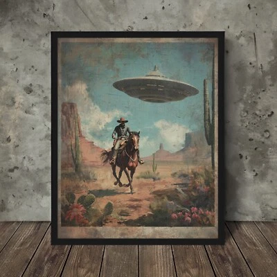 Vintage UFO COWBOY Wall Art, Sci-fi Alien Western Decor, UAP Cactus Flower Print - Image 1 of 4