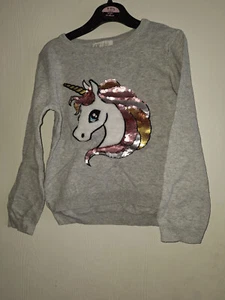 H&M Girls grey knitted jumper - flippable sequin unicorn - 4-6 years 4-5-6 - VGC - Picture 1 of 9