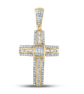 0.50cttw Baguette Diamond Cross Mens Charm Pendant 10k Yellow Gold - Picture 1 of 5