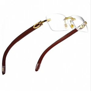 Men's Rimless Wood Gold Frame Luxury Retro Vintage Hip Hop Clear Lens Glasses  - Picture 1 of 6