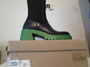 Steve Madden Womens Hesitant Chelsea Pull On Mid Calf Moto Boot Black/Green Sz 8 - Picture 1 of 6