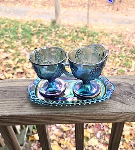 Carnival Glass Blue Iridescent Grapes And Leaves Cream And Sugar With Underplate - Picture 1 of 10