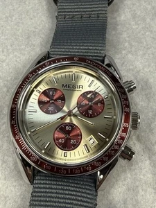 Megir Men’s Beautiful Chronograph Watch With Gold & Red Dial Grey Canvas Strap - Picture 1 of 9