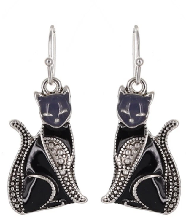 PENDIENTES GATO LOVER GATITO FELINO AMANTE DE MASCOTAS ESMALTE NEGRO TONO PLATA Foto 1 de 1