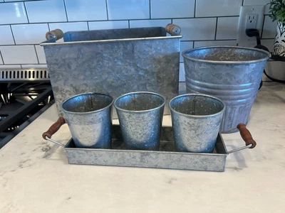 Pottery Barn Galvanized Metal: condiment Serving Tray, utility basket, Bucket - Image 1 of 4