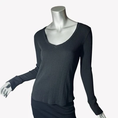 Falls Creek Women’s Black Ribbed Cotton V Neck Long Sleeve T Shirt Top Small - Image 1 of 4
