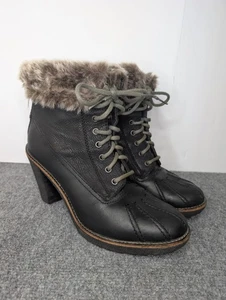 Bussola Womens Boots Black Leather Size 9.5 Lace Up Faux Fur Cuff 3.5" Heel READ - Picture 1 of 10