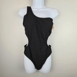 PINK Victoria's Secret One Shoulder Black Cutout Sides Ribbed Swimsuit Large - Picture 1 of 9