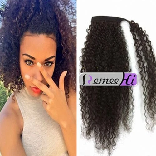 Rizado rizado 100 % cabello humano cola de caballo envoltura alrededor clip en extensión de cabello humano Foto 1 de 3