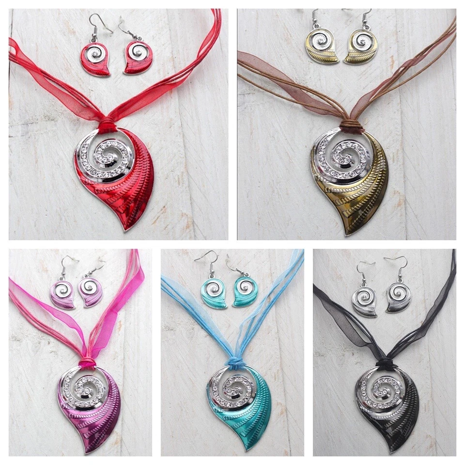 Strass Schmuck Set, Halskette + Ohrhänger, Schneckenmuschel, Spirale, Farbwahl  - Bild 1 von 1