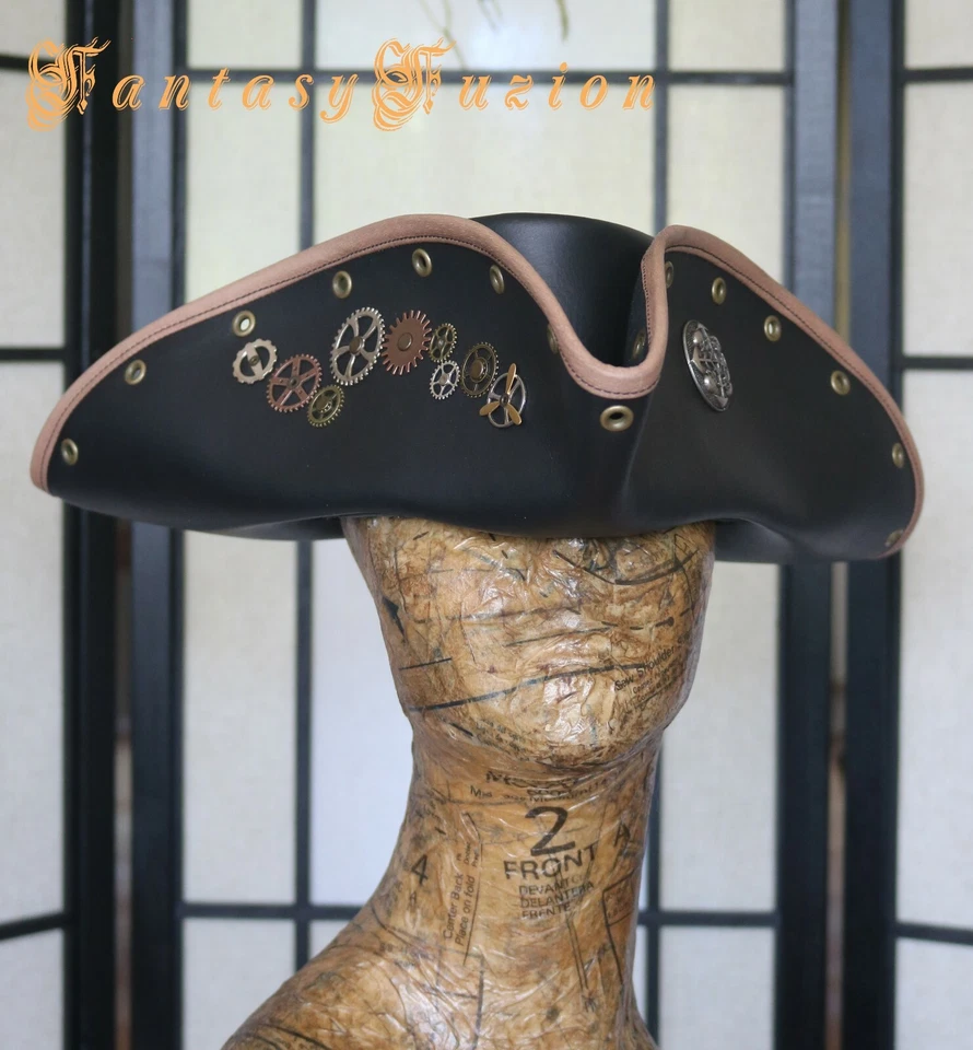 Pirate Tricorn Hat Steampunk Airship Captain Futurist Industrial Leather Hat — 第 1/3 张图片