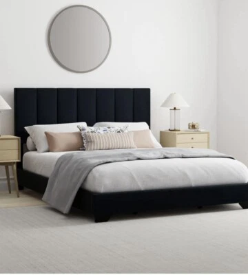 Reece Channel Stitched Upholstered Queen Bed ,Black  - Image 1 of 4