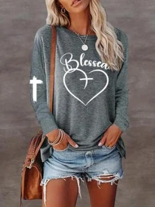 Fashion Gray Heart Print Crew Neck T-Shirt Casual Long Sleeve Women's Clothing - Picture 1 of 2