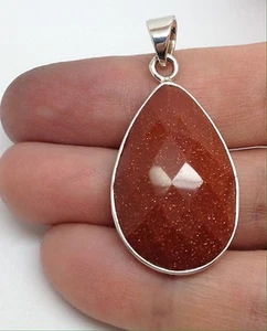 Goldstone pear pendant solid Sterling Silver faceted Gift box. - Picture 1 of 7