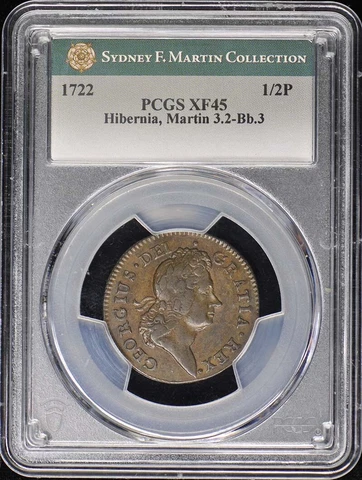 1722 1/2 P Hibernia, Harp Left Colonials Woods Martin 3.2-Bb.3 PCGS XF45BN Cover