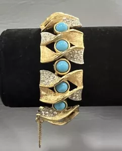 Vintage Sarah Coventry Bracelet Blue Cabochon Gold Tone Rhinestone MCM 6.5 READ - Picture 1 of 10