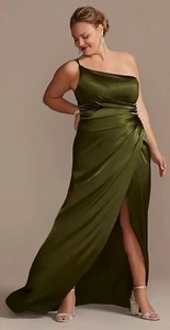 NWT Galina Signature Charmeuse Draped One Shoulder Dress Olive Martini Size 14 - Picture 1 of 15