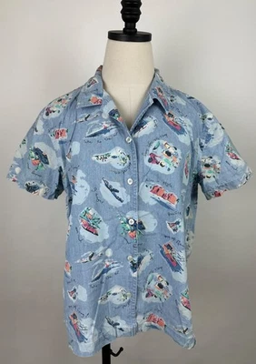 Camisa Denim Cambray Vintage Años 90 Mujer Grande Retro Viaje Novedad Estampado Avión Foto 1 de 4