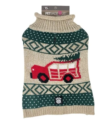 Suéter PetRageous Designs Mascota Perro Pequeño Beige con Camión Rojo y Árbol de Navidad NUEVO Foto 1 de 4