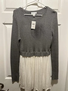 NWT Motherhood Woven Sweater Mixed-Media Babydoll Top | Gray; White Bottom | Lg - Picture 1 of 11