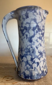 Antique Tall Blue & White Spongeware Stoneware Pitcher - 9" High - Picture 1 of 12