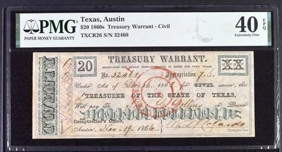 1864 Texas Treasury Warrant $20,  Obsolete Banknote Currency, PMG 40 EPQ STAMP - Image 1 of 2