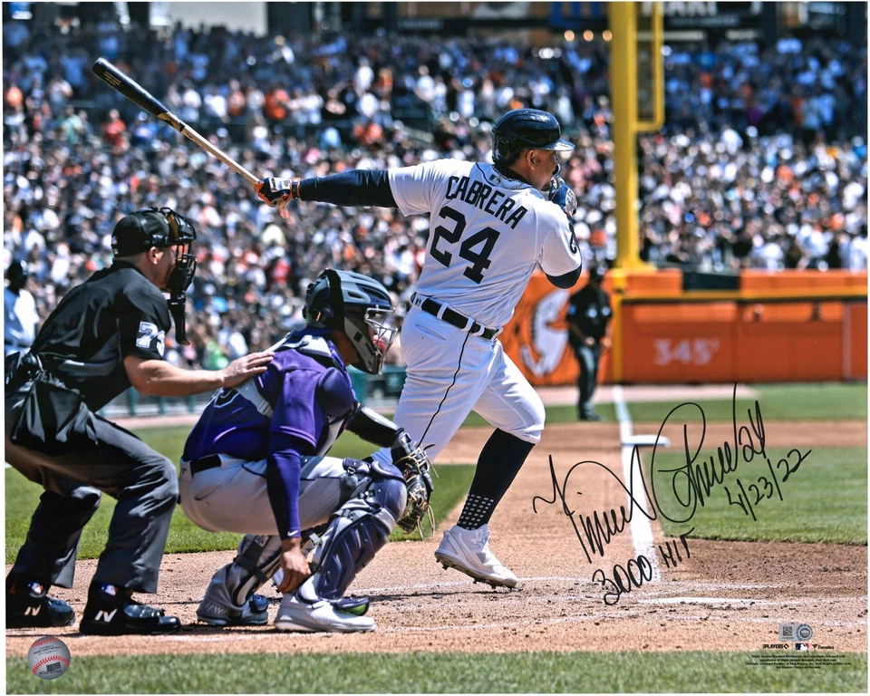 Foto assinada por Miguel Cabrera Tigers 16x20 3000th Hit com 3000th Hit e 4-23-22 Inscs - Imagem 1 de 1