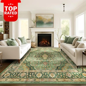 Large Non-Slip Area Rug Vintage Distressed Print Carpet 200x300cm Dark Green - Picture 1 of 12