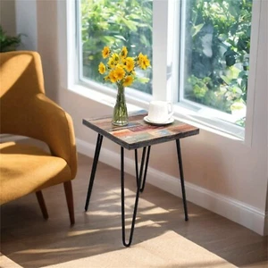Greenage Reclaimed Wood Side Table with Carving Square Hairpin Legs End Table - Picture 1 of 13