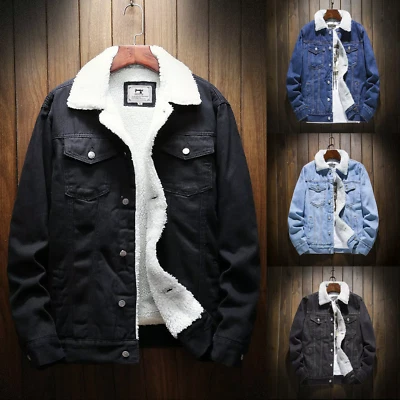 Hombres Invierno Sherpa Forrado Denim Chaqueta Cortavientos Camionero Chaqueta Forro de Lana ♮ Foto 1 de 4