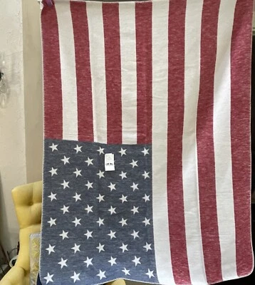 Reversible Stars & Stripes Throw Blanket Retro Style Flag Blanket Whipstitch USA - Image 1 of 4