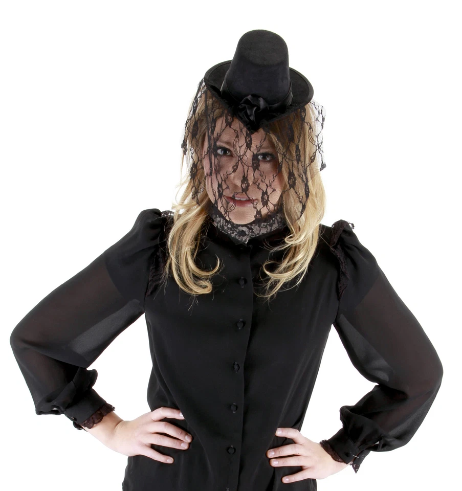 Victorian Mini Top Hat Blk Faux Suede W/ Blk Satin Trim & Blk Floral Lace Veil - Image 1 of 1