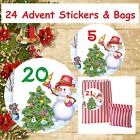 24 Christmas Advent Calendar Snowman Stickers &Red Striped Bags for Boy or Girl