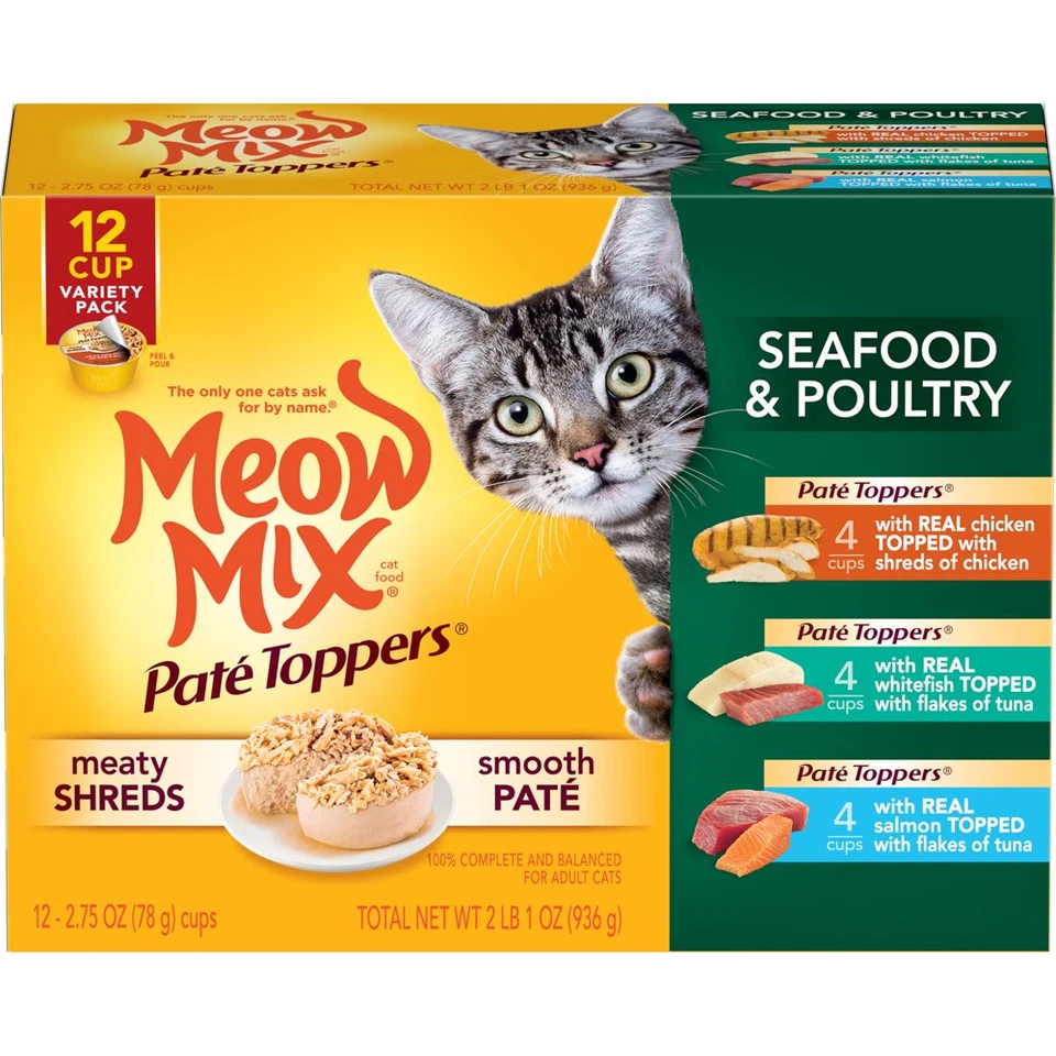 Meow Mix Pate Toppers Seafood & Poultry Variety Pack Wet Cat Food, 12 Cups, NEW