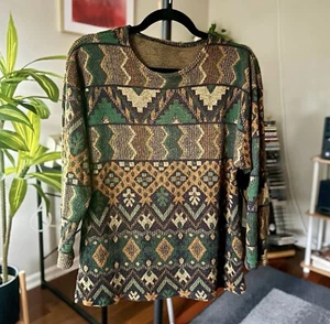 70er Vintage Southwestern Boho Strick grün gold gemustert Pullover Handarbeit Unikat - Bild 1 von 6