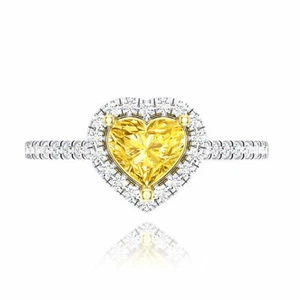 Heart Diamond Engagement Ring Fancy Yellow Color 1.38 TCW Treated 14k White Gold - Picture 1 of 9